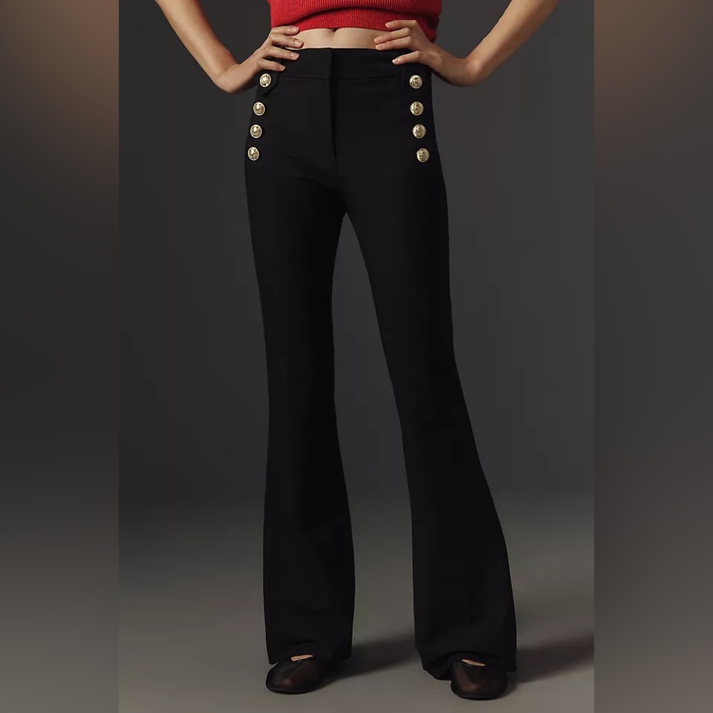 High-Rise Black Flared Pants with Gold Button Detail